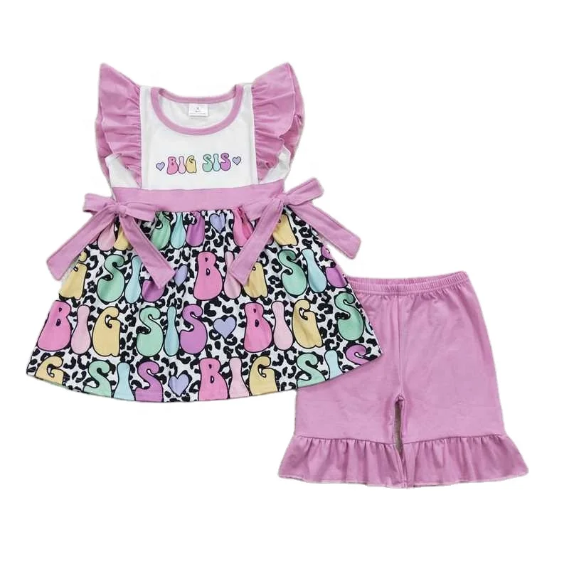 summer boutique baby clothes for girls big sis letter purple lace bow flying sleeve shorts suit wholesale children clothing