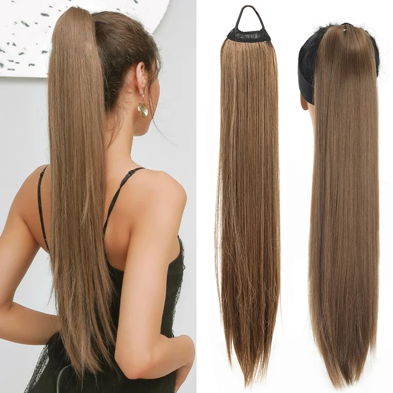 27Inch Straight Ponytail Hairpiece Extension Natural High Temperature Fiber Synthetic Hair Elastic Band Ponytail Hair Extensions