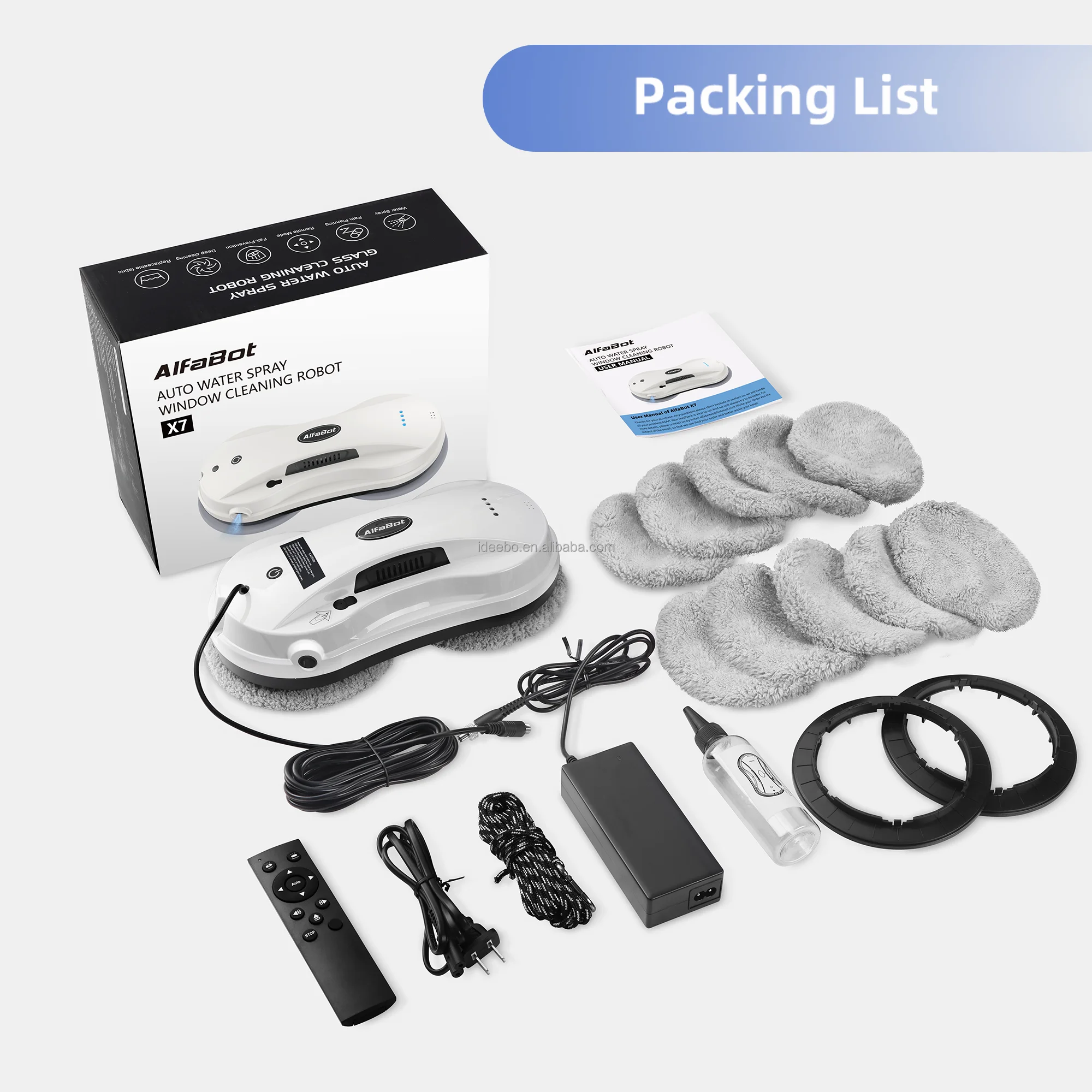 Custom package 56ml water tank robot glass cleaner microfibre mop wet dry automatic window cleaner with safety ropes