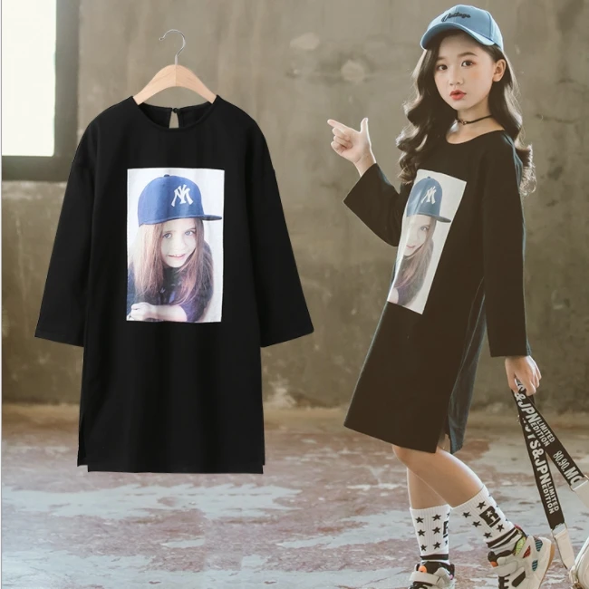 KS8192 2019 one piece long sleeve beautiful chinese model printed kids girls casual dresses