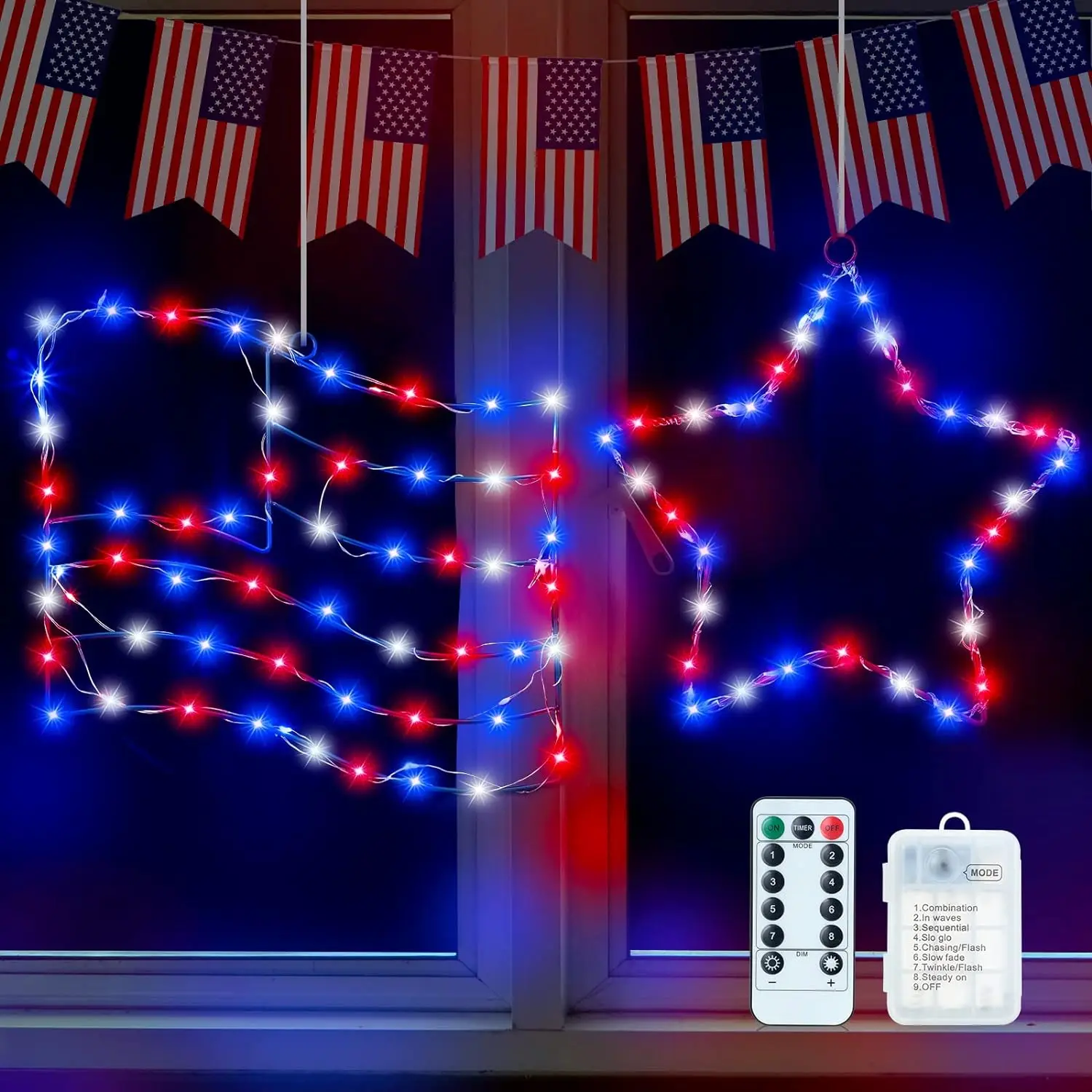 4th of July Window Lights Decorations Red White and Blue USA Memorial Day Patriotic Holiday Indoor Outdoor Decor