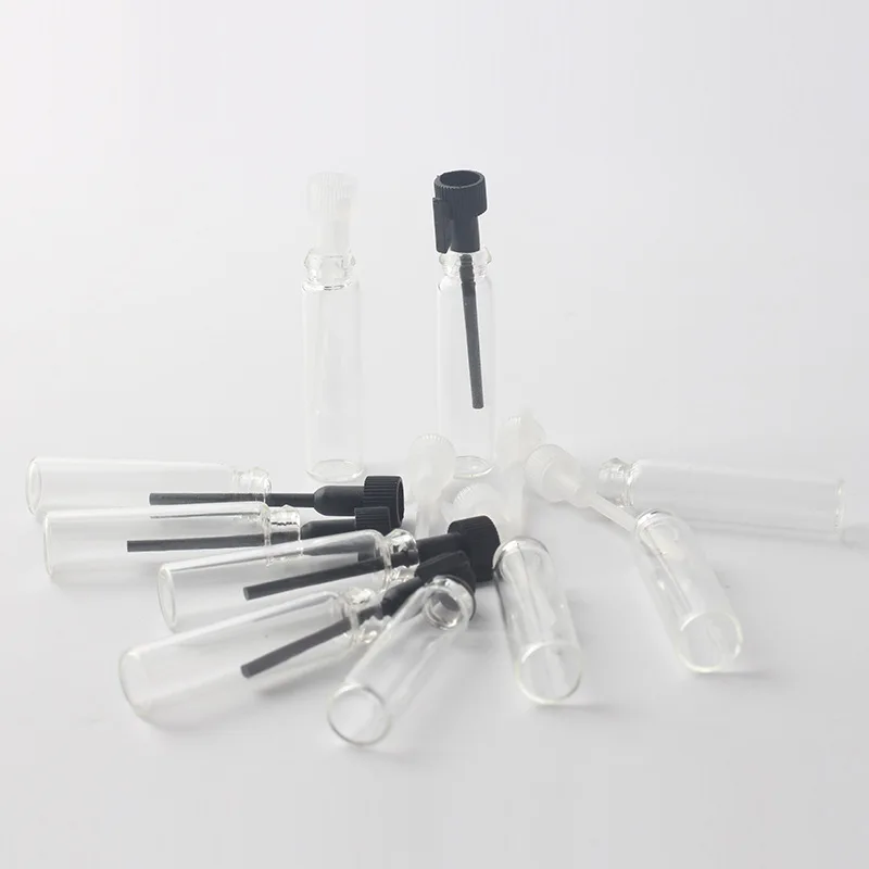 Manufacturer wholesale 1ml Mini tube perfume sample glass empty serum bottle diffuser glass bottle with black and white stopper