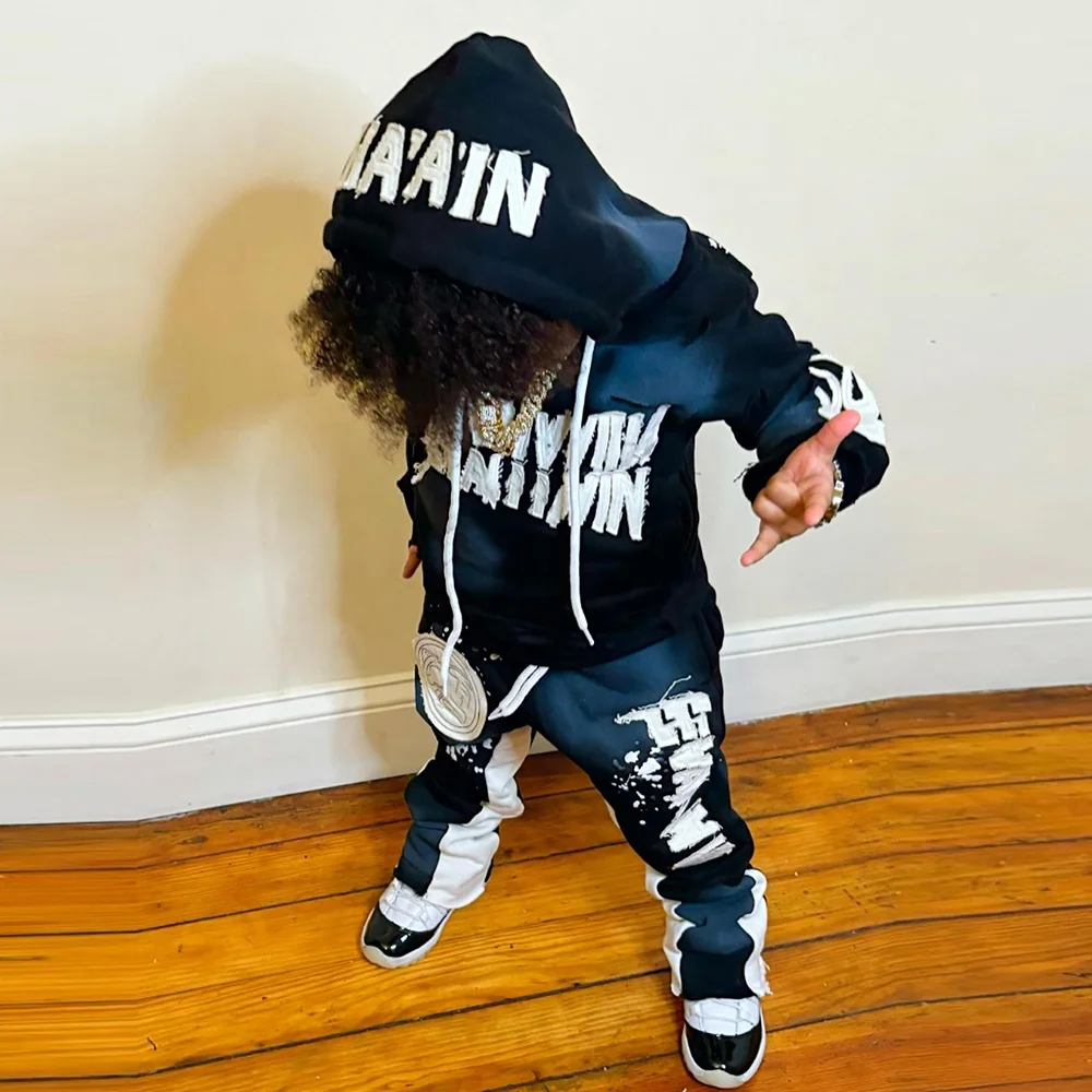 Wholesale Latest Baby Stacked Flare Sweatsuit Clothes Distressed Embroidery 100% Cotton Fleece Boys And Girls Kids Tracksuits