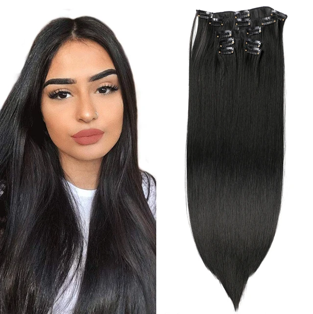 Factory Price 5 Pieces Hair Set 22 inch Straight Hair pieces Synthetic Black Brown Clip in Hair Extensions