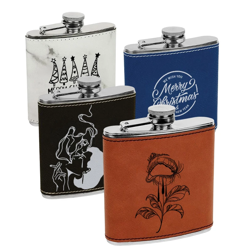 AGH Laserable custom Logo 6oz stainless steel leather hip flask Alcohol Liquor Whiskey Bottle gifts wine pot