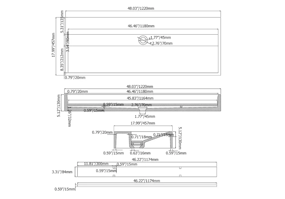 Farmhouse Concrete Trough Bathroom Sink Cement Gray Vessel Sink with Faucet Holes