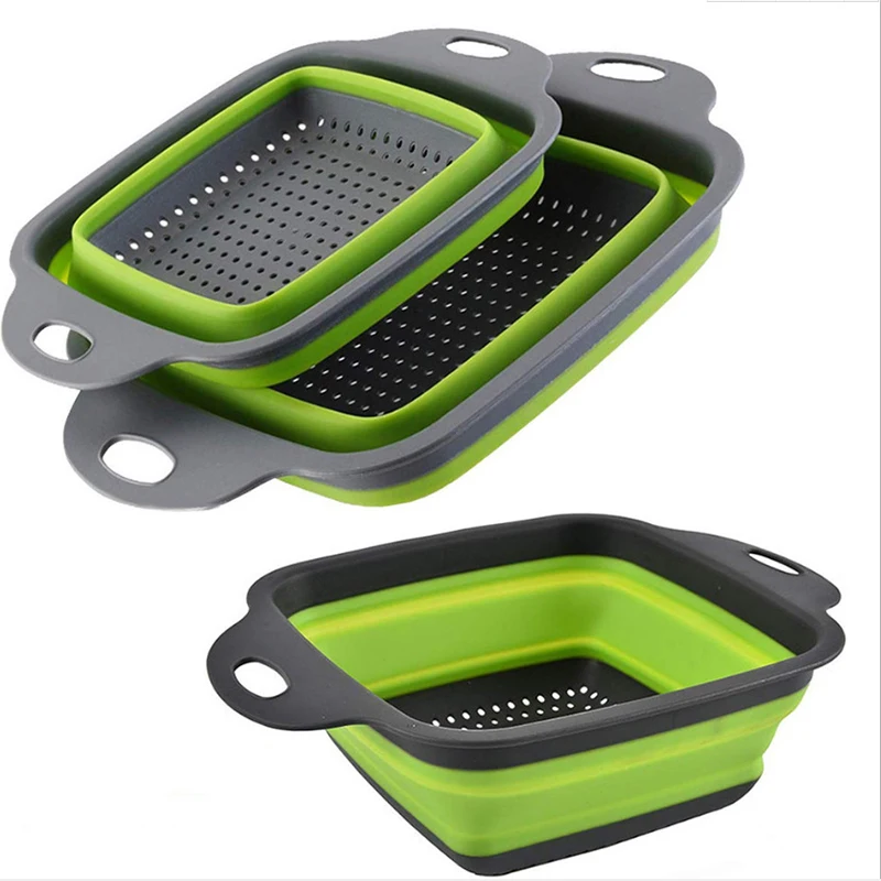 Factory Wholesale Multifunction Modern Silicone 2 Pieces Set Foldable Square Fruit Vegetable Drain Basket