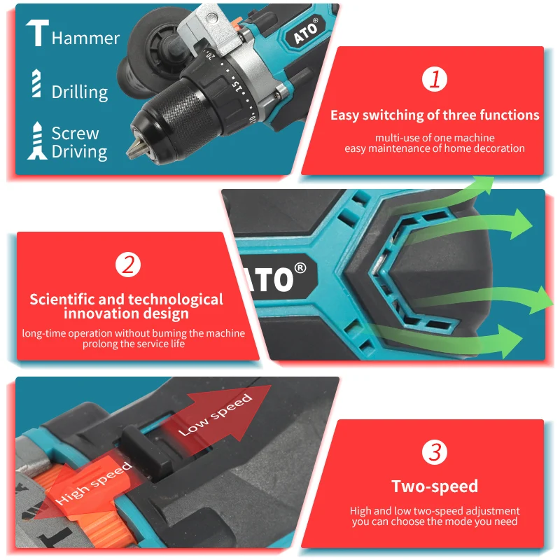 ATO A8022 shop source power tools Soft Handle cordless drill 2.0Ah CE impact drill milwauke