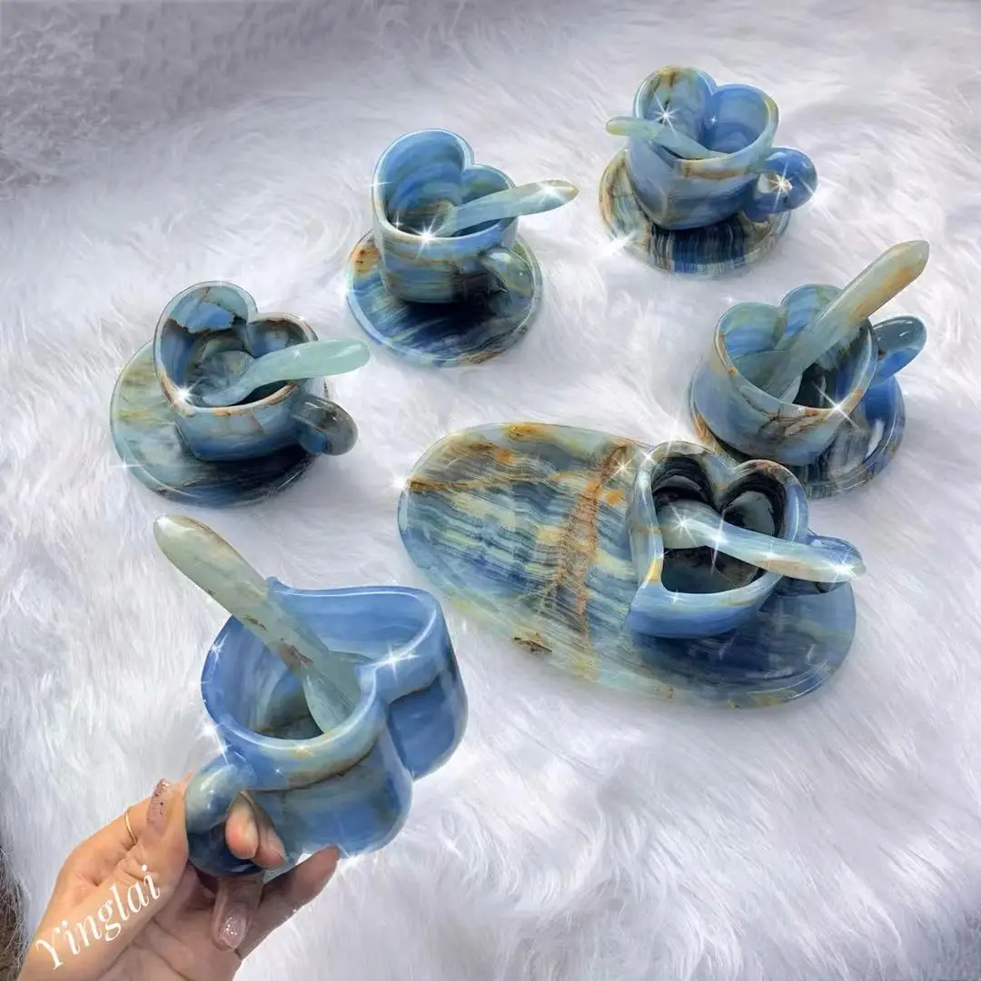 Wholesale High Quality Reiki Blue Onyx Heart Mugs Hand Caved Folk Crafts Healing Rough Natural Crystal