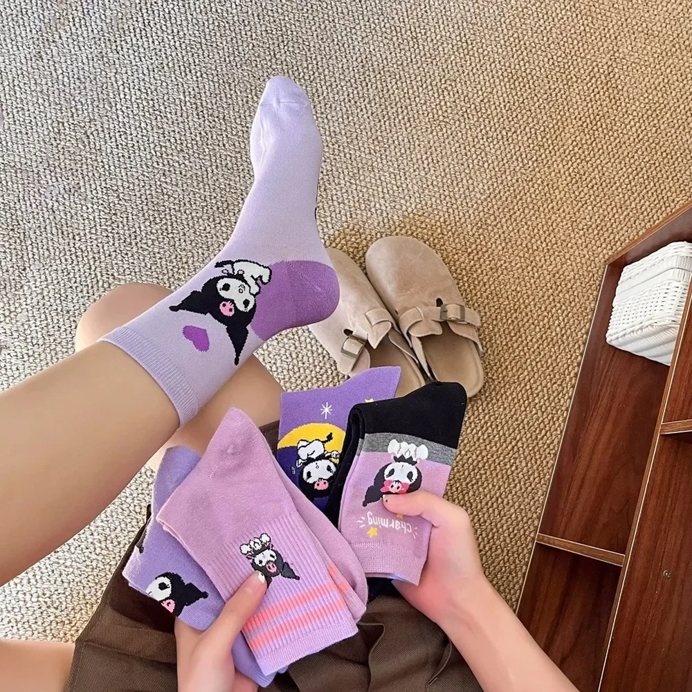Hot Kawaii Sanrios Cotton Socks Anime KT Cat Kuromi Cinnamoroll Breathable Cartoon Socks Cute Girls Cotton Home Warm Sock