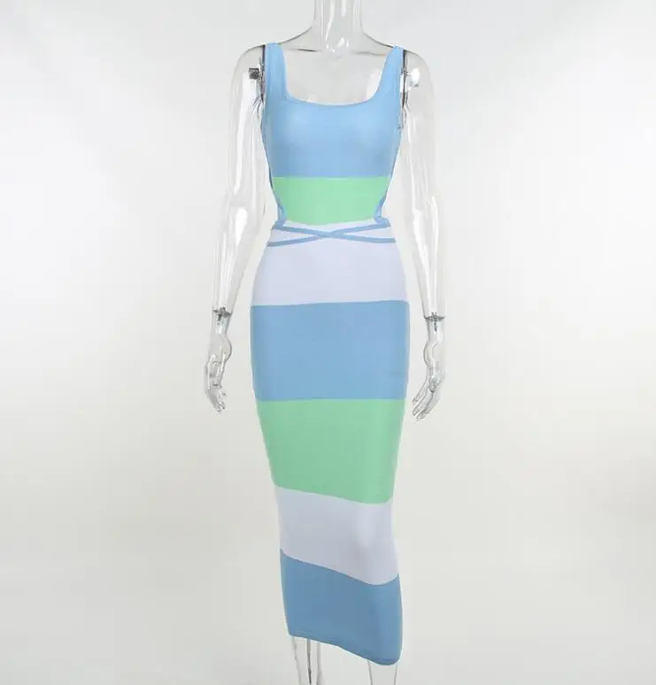 STOCK Hollow Out Backless Suspender Striped Tank Midi Dress Women Jacquard Knit Long Dresses