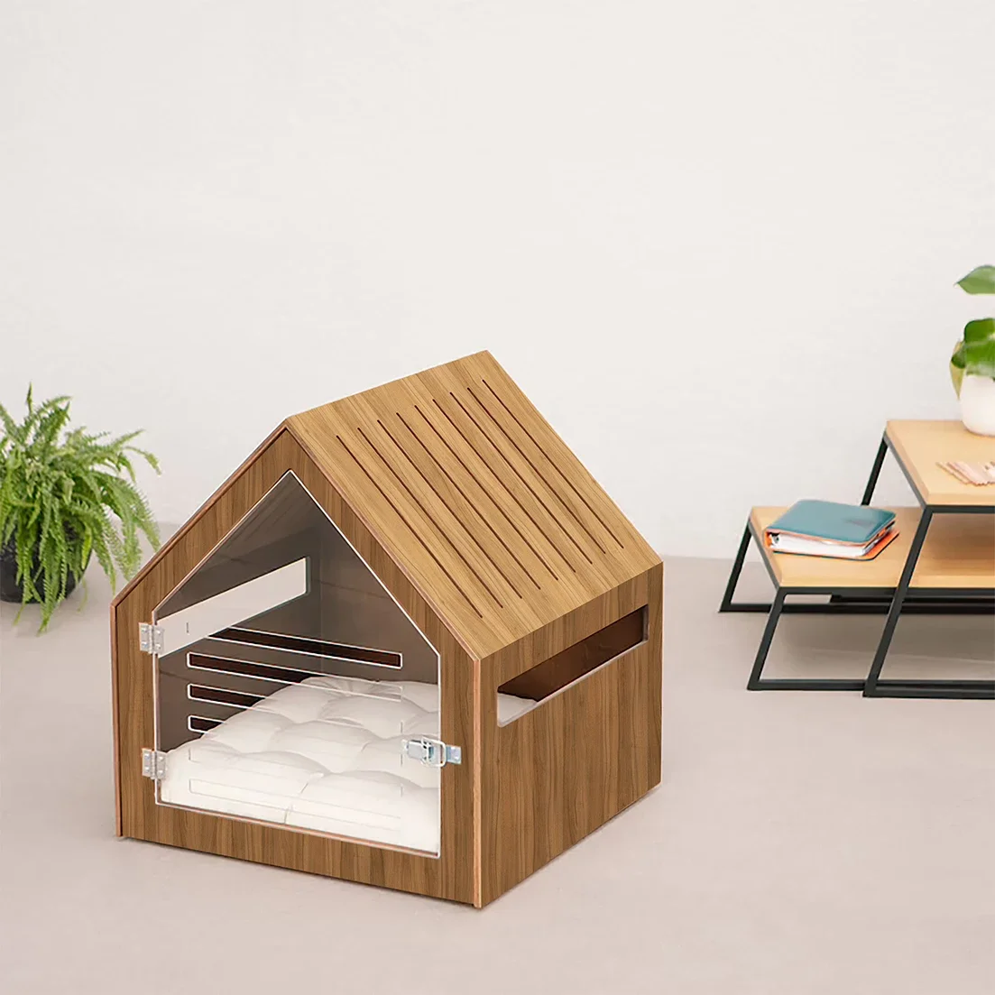 Cat Scratcher House With Acrylic Door Stained Wood Dog Furniture Houses Large Washable Luxury Cat Bed Pet Dog Bed