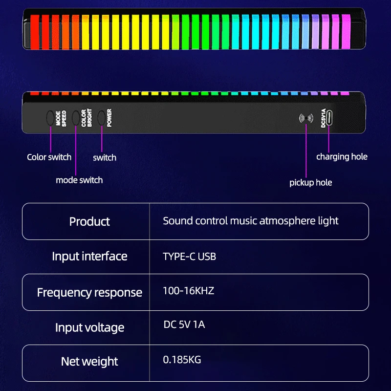 Sound Reactive LED Light Bar 32 Bit RGB Sound Control Music Rhythm Dynamic Strip light Voice Sensitive Music Pick  Up Lamp