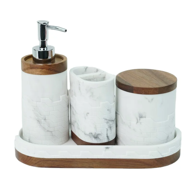 Hotel Washroom with Tooth brush holder Soap Dispenser Dish of Modern Wood&Marble Bathroom Accessories Set Resin Design