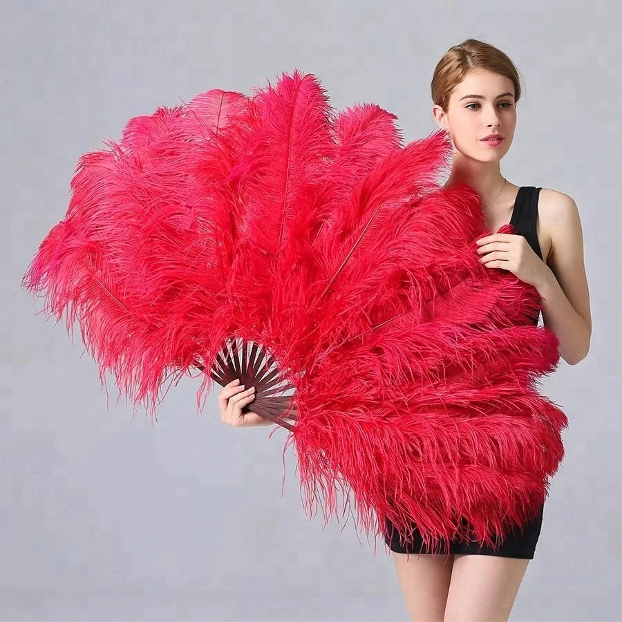 red Large Ostrich Feather Fan For Women Costume Show Tea Party Holiday Supply Dance Bridal Wedding Decor Photoshoot Accessory