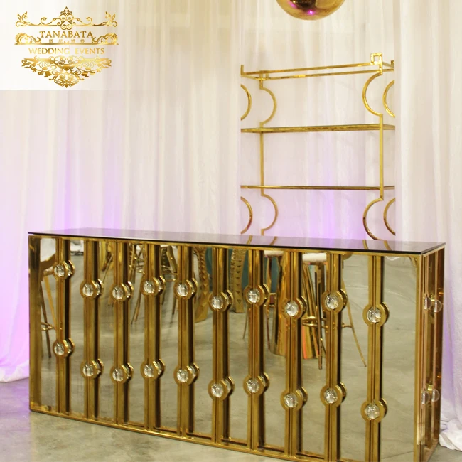 Gold metal frame stainless steel restaurant bar counter with glass top