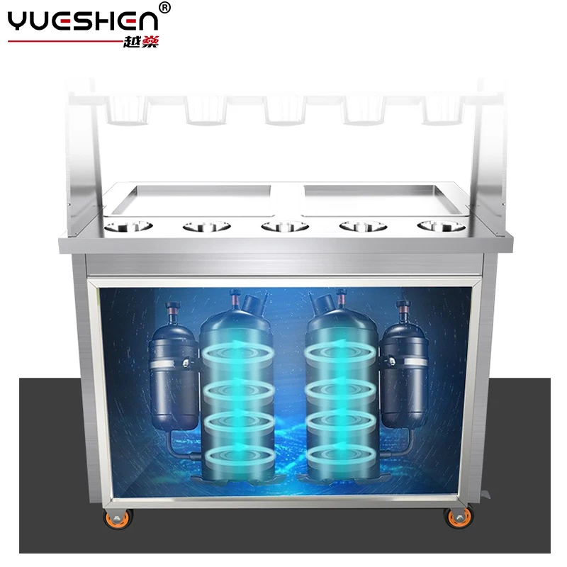 Factory Direct Sell Dual Compressor 1600W 10 Buckets Fried Ice Cream Roll Machine Ice Cream Roller With Wheels With Pedals