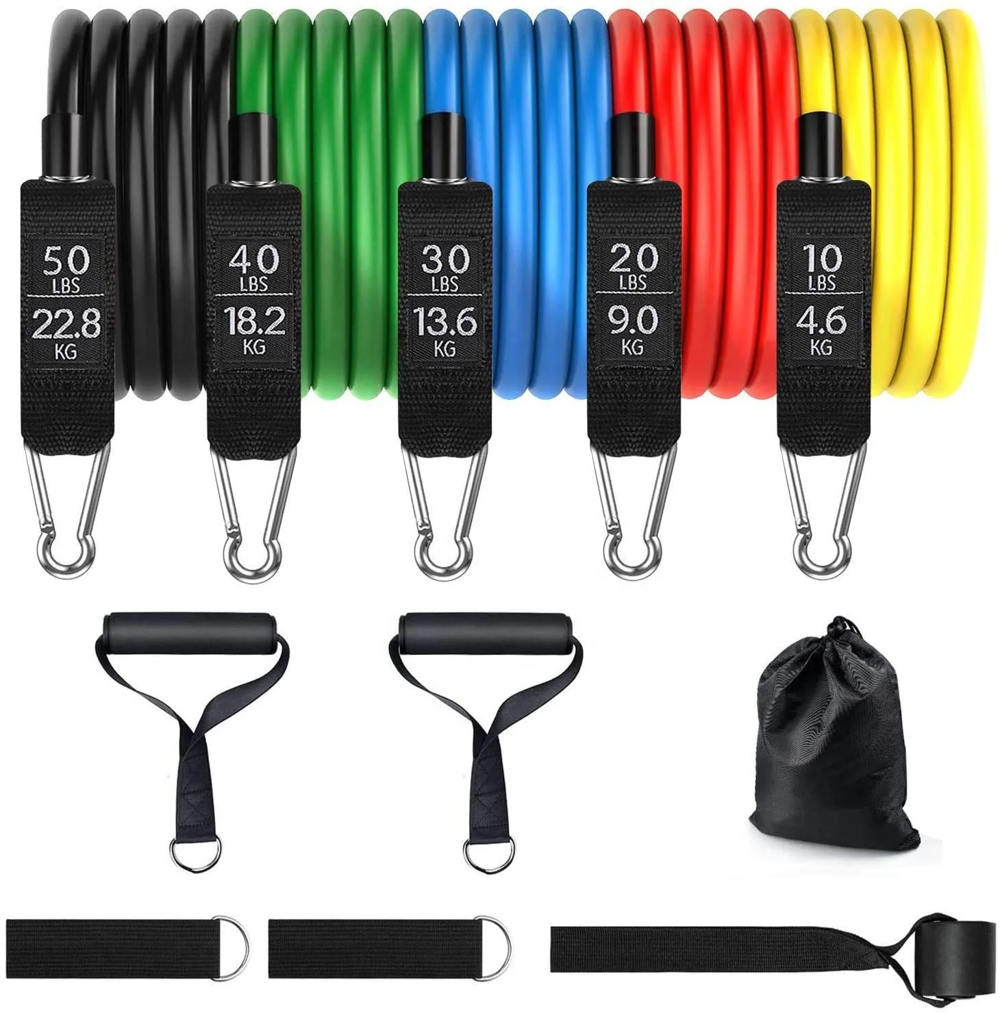 Customizable 150Lbs TPE 11 pcs 11pcs Elastic Fitness Exercise Resistance Bands Tube Set with Carabiner Weight Mark Bag Packing
