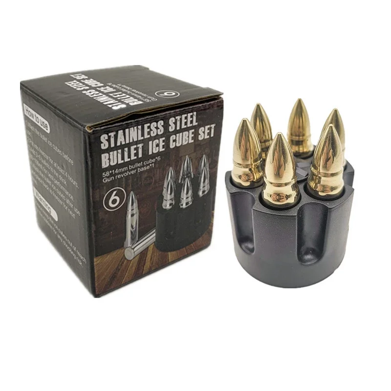 Silver/ Gold Stainless Steel Whiskey Stones Bullets Gift Set with Base, Set of 6 Large Bullet Shaped Reusable Metal Ice Cube