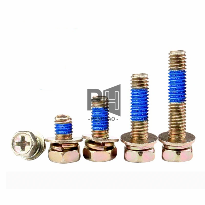 Colored Zinc Cross Hex Head  M3 M4 Adhesive Anti-Loose Three-Combination Screws with Flat and Spring Washer Nylon Blue Patch