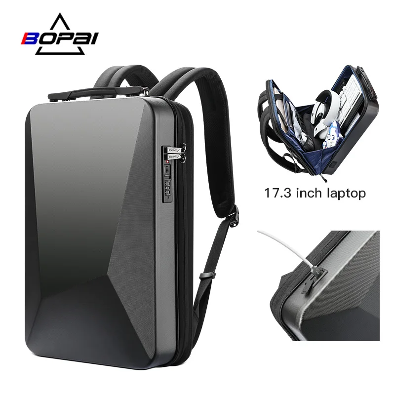 Bopai men 17.3 laptop usb charging back pack fashion light slim smart gaming bag casual enlarged hard shell anti theft backpack