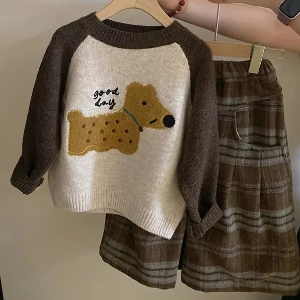 Fashion cartoon dog sweater plus velvet plaid wide-leg pants for children fashion kid clothes Suits girls boutique clothing sets