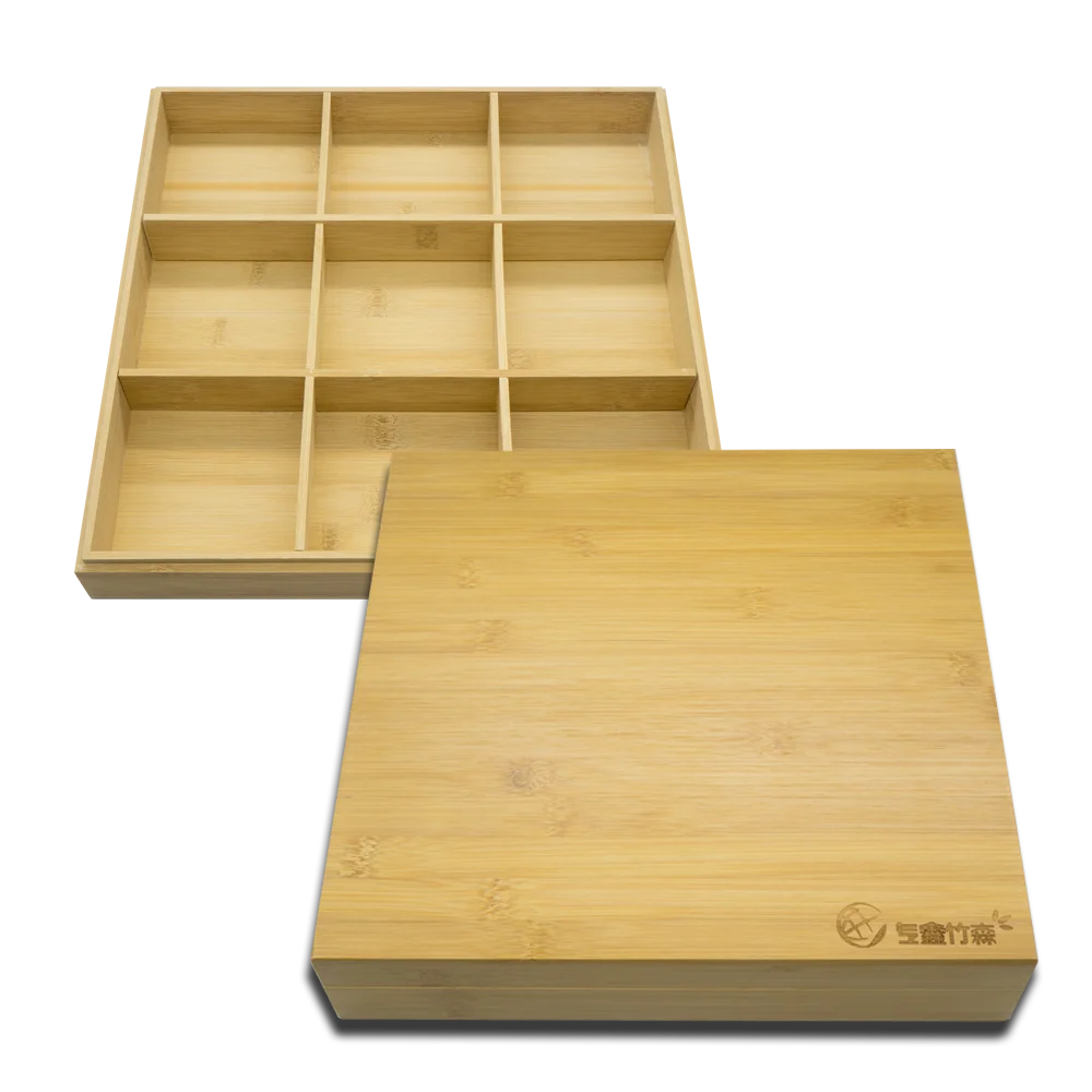Factory Custom Large Square 30cm Bamboo Stash Lid Gift Packaging Storage Boxes With 9 Compartments/Dividers for food/jewelry