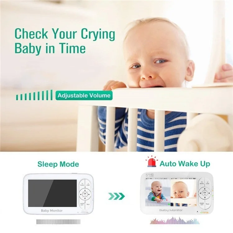 1080P 5 inch Babyphone VOX Mode Two Way Audio Temperature Alarm Crying Detection Wireless Surveillance Baby Monitor with Camera