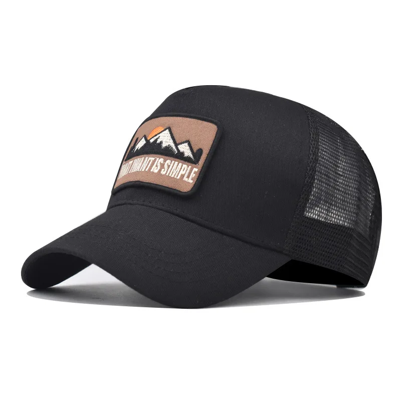 Wholesale High Quality 5 Panel Structured Low Profile Mesh Snap Back Patches Western Mountains Trucker Hat for Men