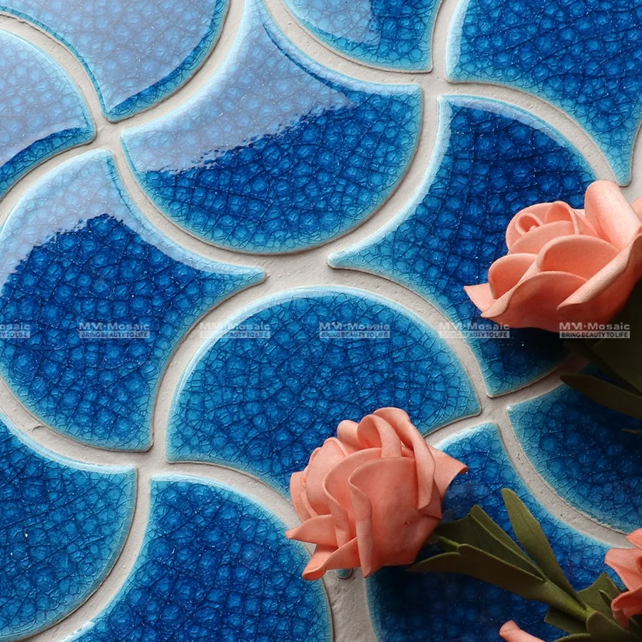 Glossy Glazed Ceramic Ice-crackle Blue Fish Scale Wall Mosaic Tiles For Aqua Bathroom Wall Project