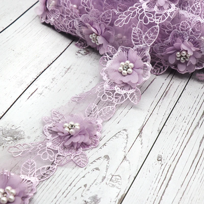 DIY Embroidered Wedding bridal Knitting Pearl Flower Organza Patchwork Ribbon Lace Trim