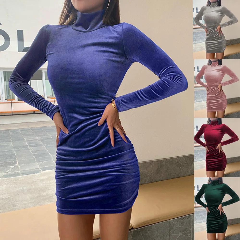 FanLi 2022 Wholesale Stand Collar Blue Velvet Mini Dress Elegant Casual Dresses Long Sleeve Velour Plus Size Women Dress