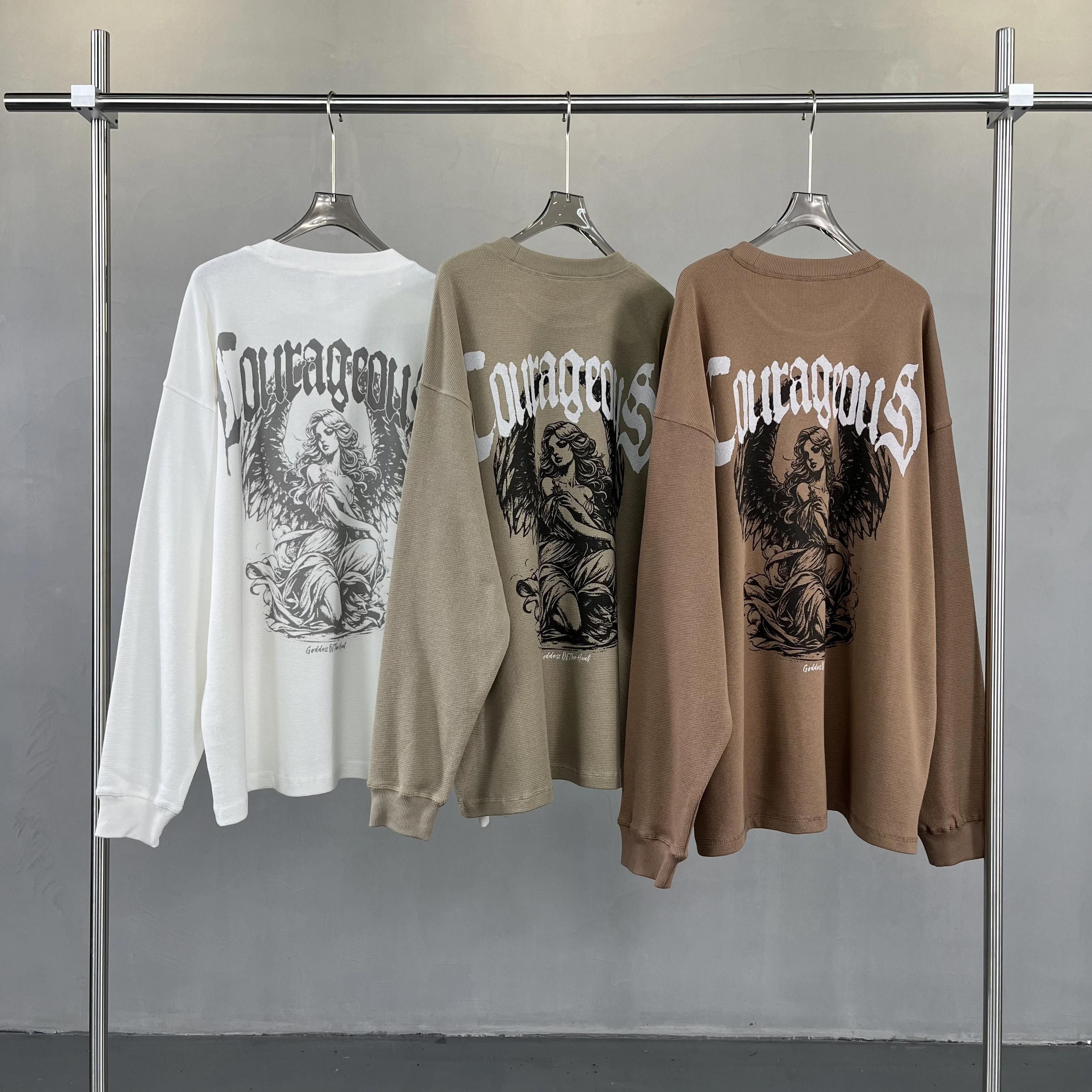 factory custom long sleeve heavyweight 330gsm crew neck t shirt waffle knit thermal cotton t shirt
