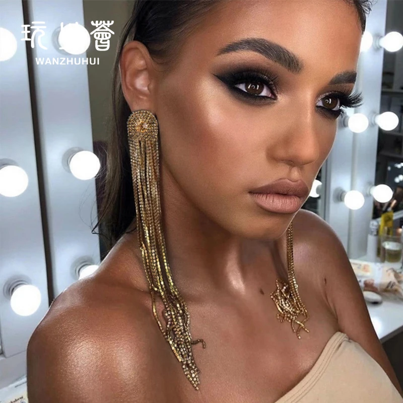 luxury rhinestone crystal earrings exaggerated big large long drop fringe tassel earring for women bridal