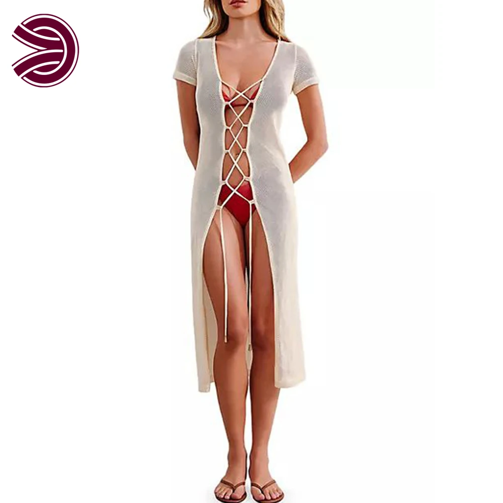 Hot Sale Custom Adjustable Breathable Sexy Open Front Fishnet Hollow Out Long Beach Cardigan Cover Ups Women