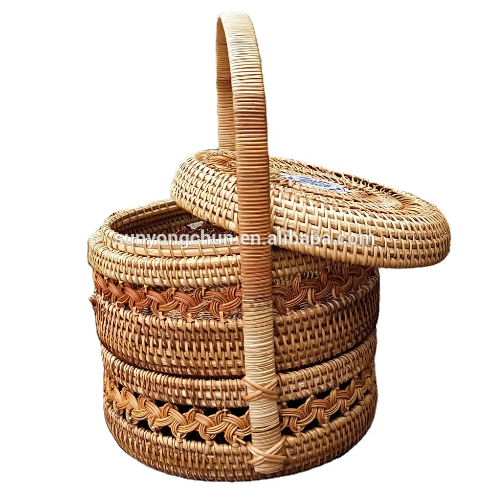 Food Safe Great Rattan Handwoven Fruit Tray Wicker Basket Picnic Basket with Handle-2 Layer