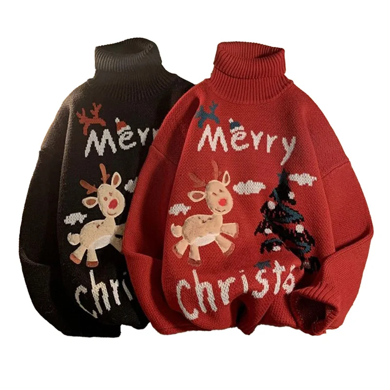 Black Friday Custom Logo Xmas Tree Deer Elk Jacquard Knitted Turtleneck Pullover Ugly Christmas Sweater Plus Size Men
