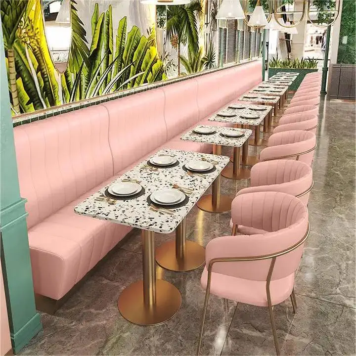 Modern Pink Restaurant Sofa Leather Booth Cafe Table And Chairs Furniture Set Restaurant Booth Gold Stainless Metal leg Tables