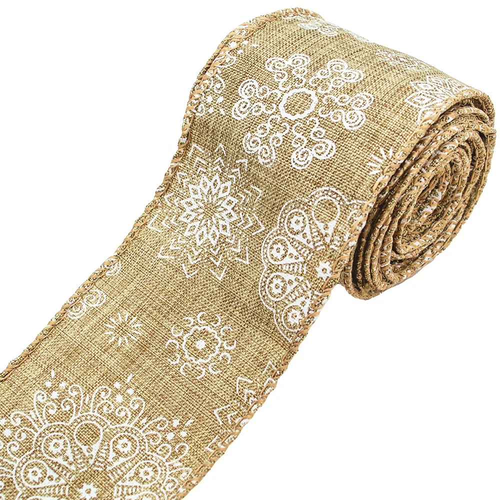 Gordon Ribbons Custom Burlap Ribbon Roll Natural Color For Crafts Wrapping Christmas Jute Ribbon Printed Snowman with Wired Edge