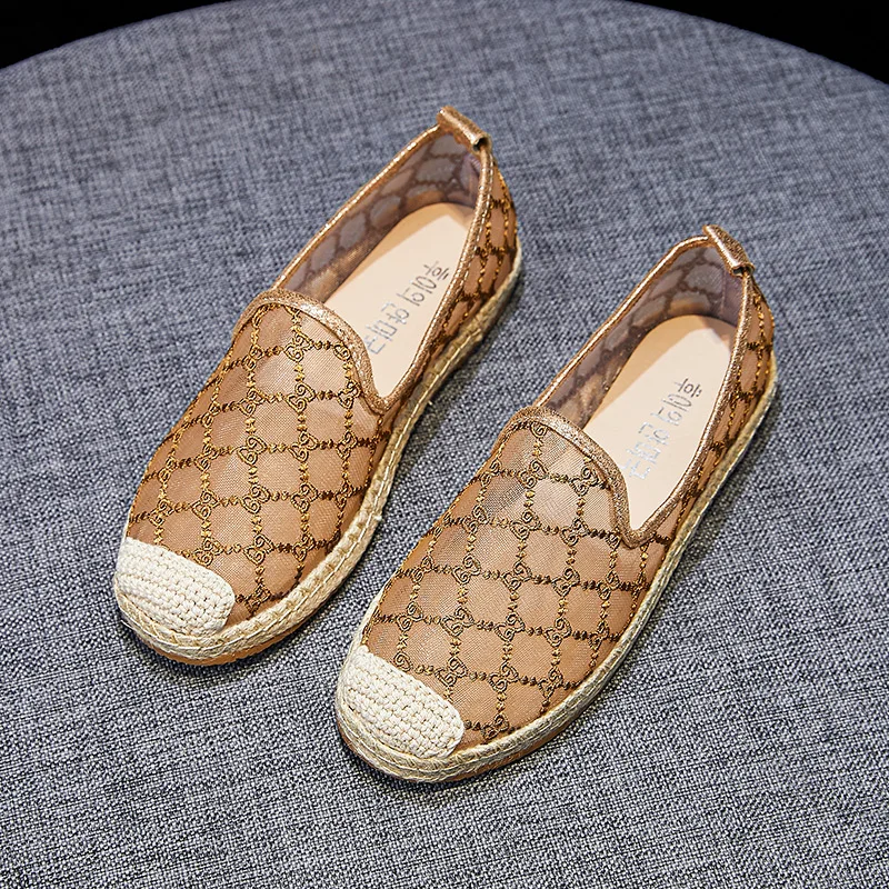 
2021 New style straw woven lace shoes breathable canvas cutout slacker shoes flat bottom hand-made hemp rope fisherman shoes 