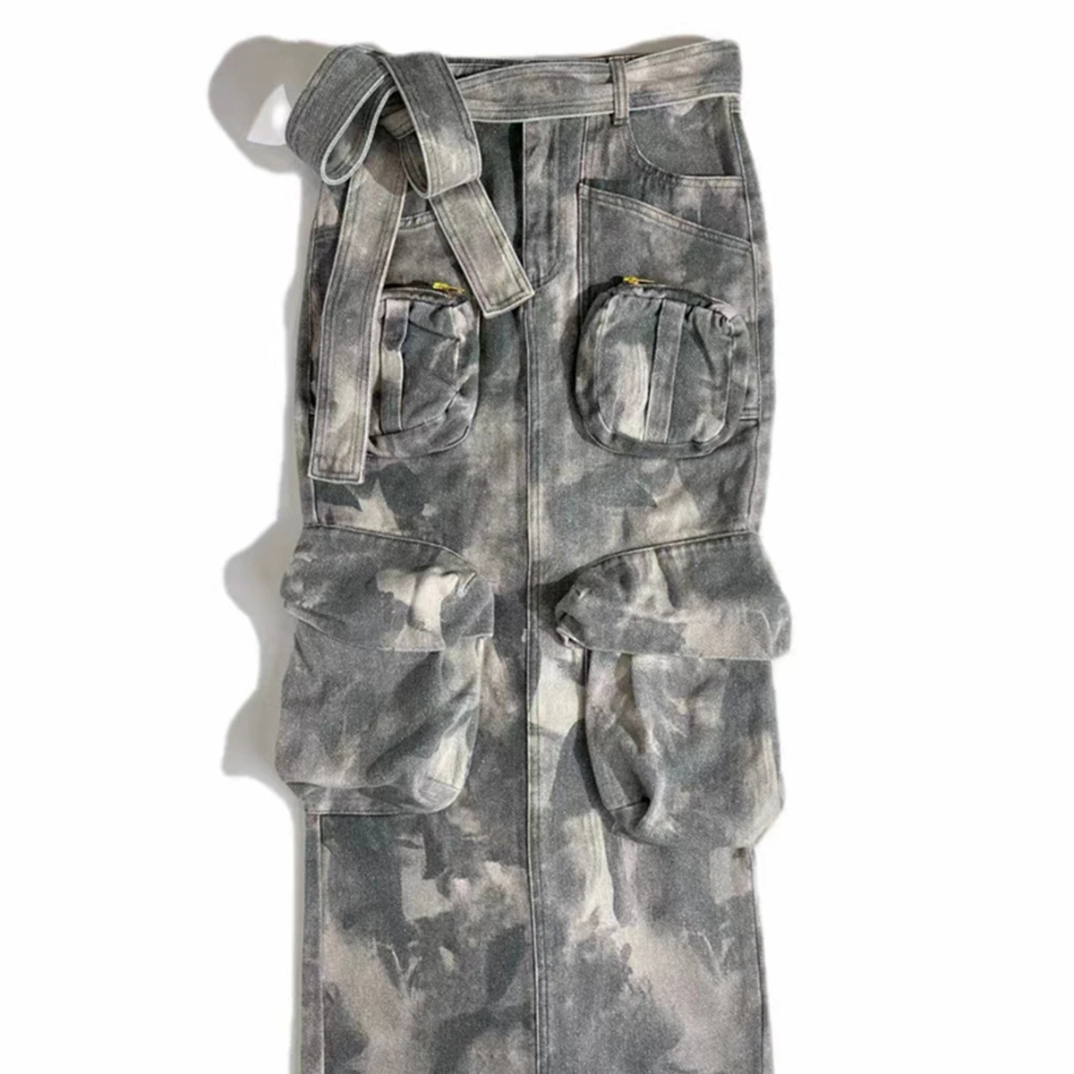 2023 New Tooling Multi-Pocket Straight Long Denim Skirt Camouflage Khaki Green Skirt