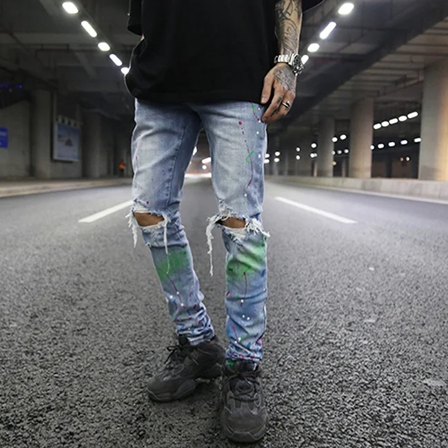 OEM fog vintage splash ink graffiti paint pants skinny jeans men distressed ripped jeans blue casual pants stock dropshipping