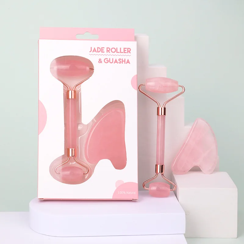 Rose Quartz Jade Roller Gua Sha Set Amethyst Green Pink White Jade Heart Shaped Gua Sha Stone and Face Roller Crystal Guasha Kit