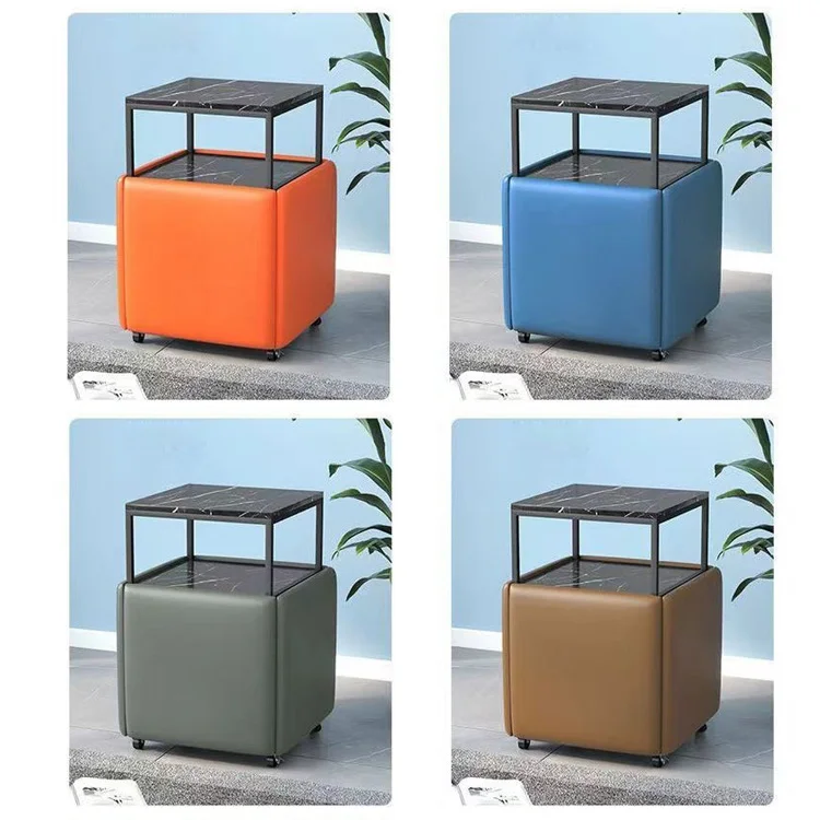 Home Living Room Office Sofa Side Table Set Multi 5 in 1 Marble/MDF Table Top Leather Fabric Tea Coffee End Table with Stool