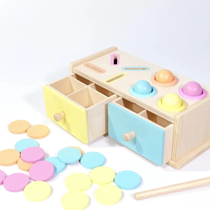 Wooden Montessori Coin Box with Thicker Coins 2 in 1 Color Shape Sorting Matching Toy Object Permanent Box Toddler Preschool Toy