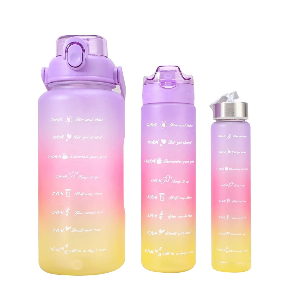 Gradient color tour camp 3 piece set PC plastic water bottle 2000ml 64oz jug with motivational and time marker OEM ODM