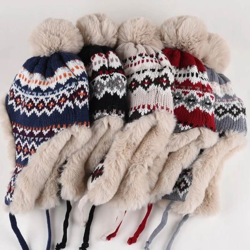 Winter Cycling Pom Hat With Warm Faux Fur Earmuffs Thick Plush Windproof Ear Protection Knitted Beanies Ski Cap Designer Logo