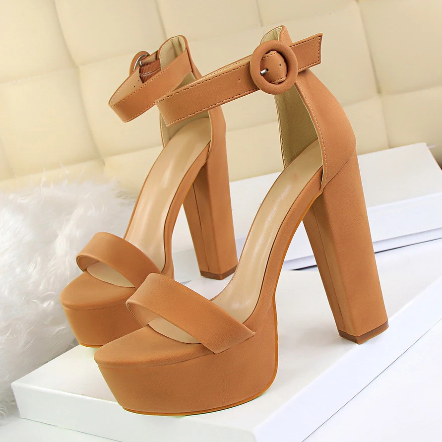 BUSY GIRL DS3007 Fashion Thick High-Heeled Suede Open Toe One Strap Sexy Shoes Women Platform Chunky Sandals