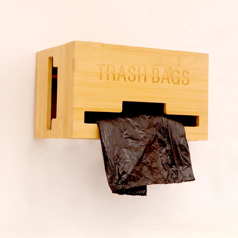 Kitchen trash bag storage stand Wooden trash bag dispenser Organizer wall mounted box under kitchen roll sink