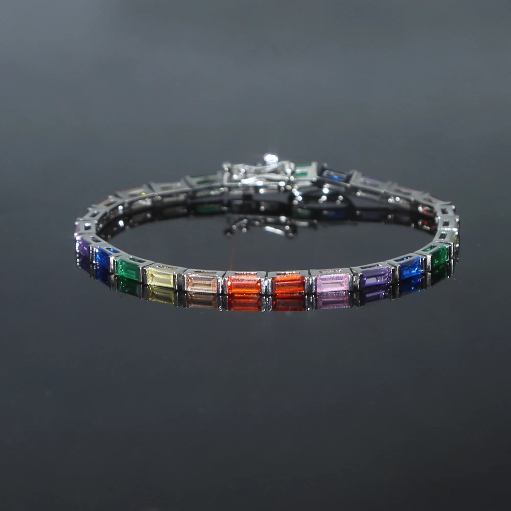 fashion women jewelry small rectangle cz colorful rainbow tennis bracelet gold silver 2 colors